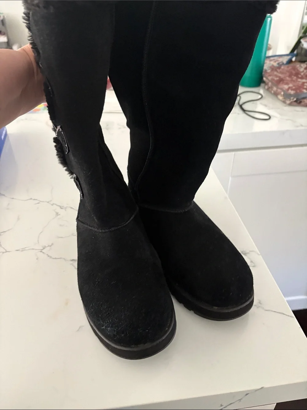Skechers Black Over-The-Knee Faux Suede Boots with Fur Trim